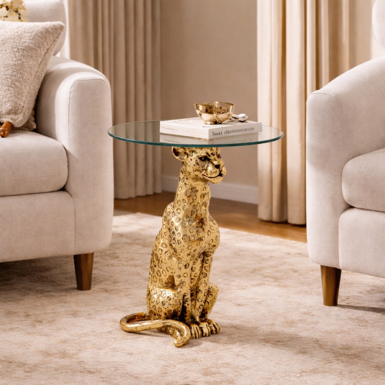 Leopard Side Table with Glass Top | Decorative Sculptural End Table | Aluminum Base | Gold Accent Table for Living Room | 18x18x23"